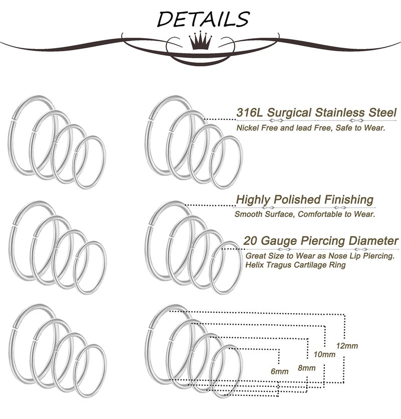 Masedy 24Pcs 20G 316L Stainless Steel Nose Rings Hoop Tragus Cartilage Helix Piercing Lip Septum Ring Silver Bendable - Image 3